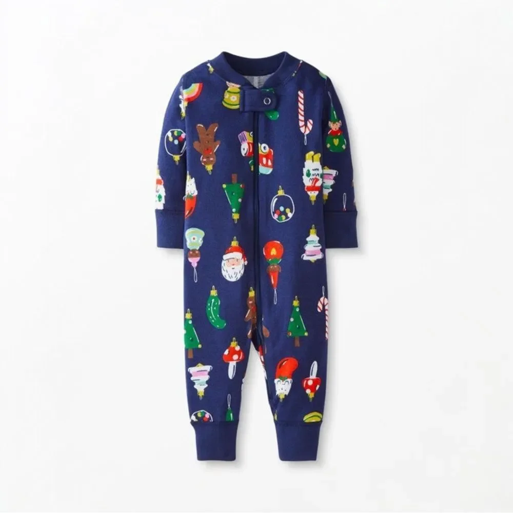 Hanna Andersson Zip Pajamas 3T Navy Holiday Ornament Organic Cotton